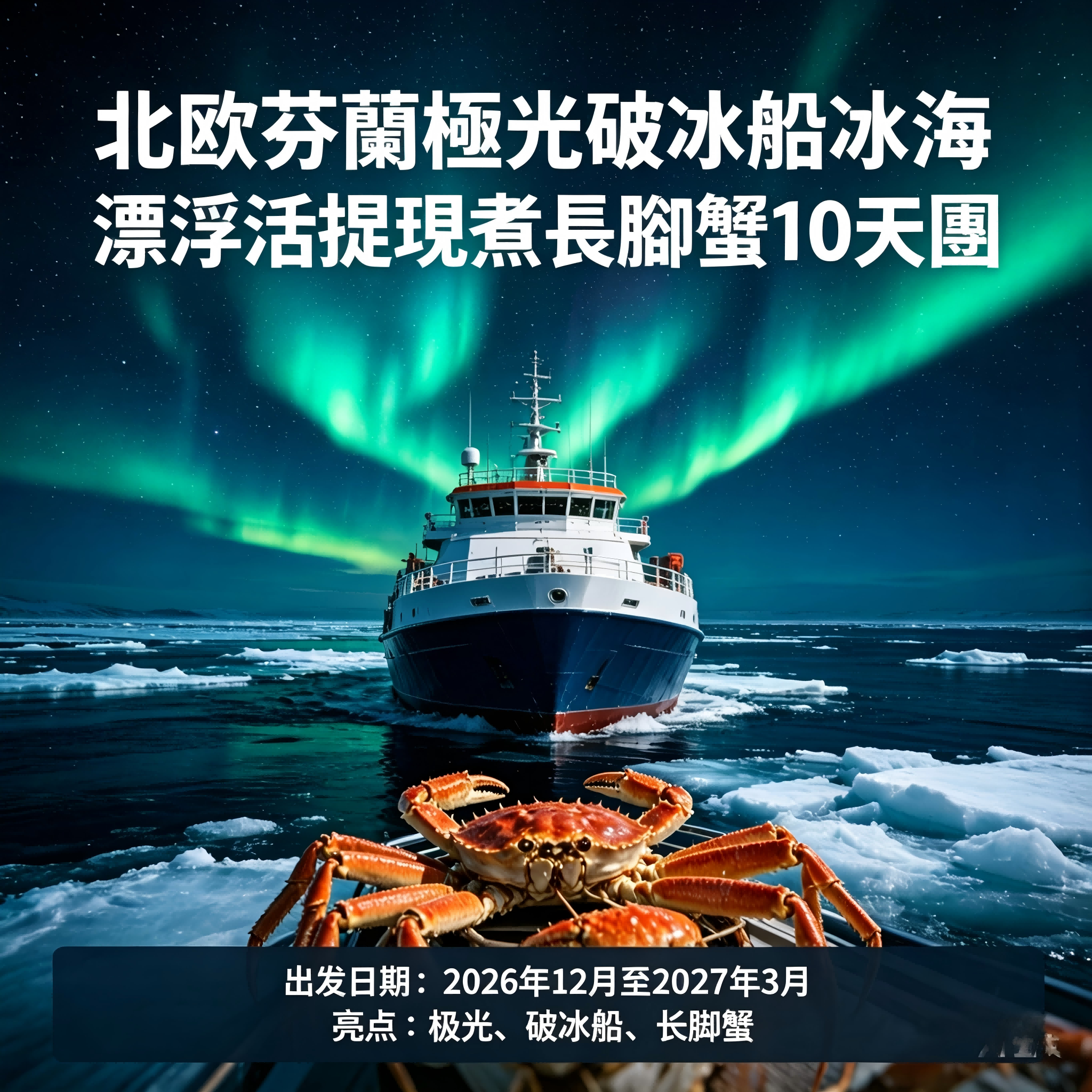 北歐 芬蘭 極光 破冰船 冰海漂浮 活捉現煮長腳蟹10天