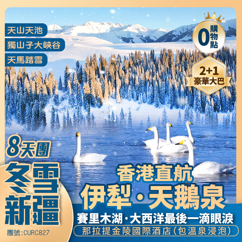 冬雪新疆【伊犁·天鵝泉】天山天池/奎屯/賽里木湖/果子溝大橋/天鵝泉濕地公園【那拉提草原】精河/獨山子大峽谷/國際大巴紮 香港直航純玩8天團