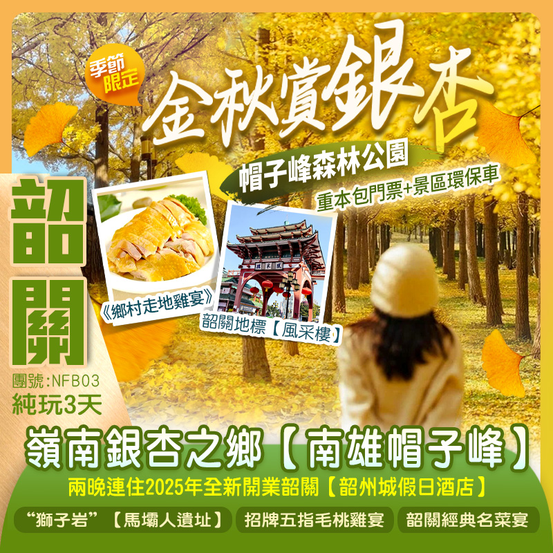 【季節限定】攝影聖地 嶺南銀杏之鄉【南雄帽子峰】連住2晚國際品牌酒店 行街宵夜方便 純玩3天