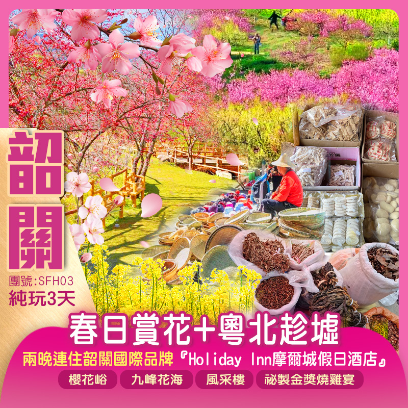 <春日賞花+粵北趁墟> 800畝浪漫粉色花海【櫻花峪】+【九峰花海】桃花李花油菜花 【北有趕集，南有趁墟】韶關市最大墟市 兩晚連住國際品牌酒店 行街宵夜方便 純玩3天