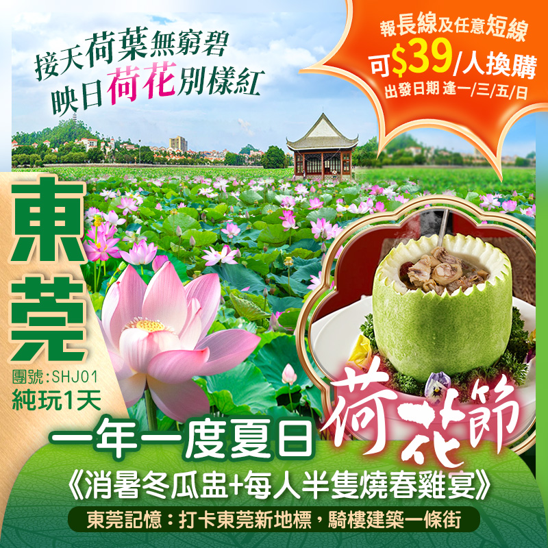 接天荷葉無窮碧 映日荷花別樣紅【一年一度夏日荷花節】  品嚐《消暑冬瓜盅+每人半隻燒春雞宴》暢遊【東莞記憶】 純玩1天團