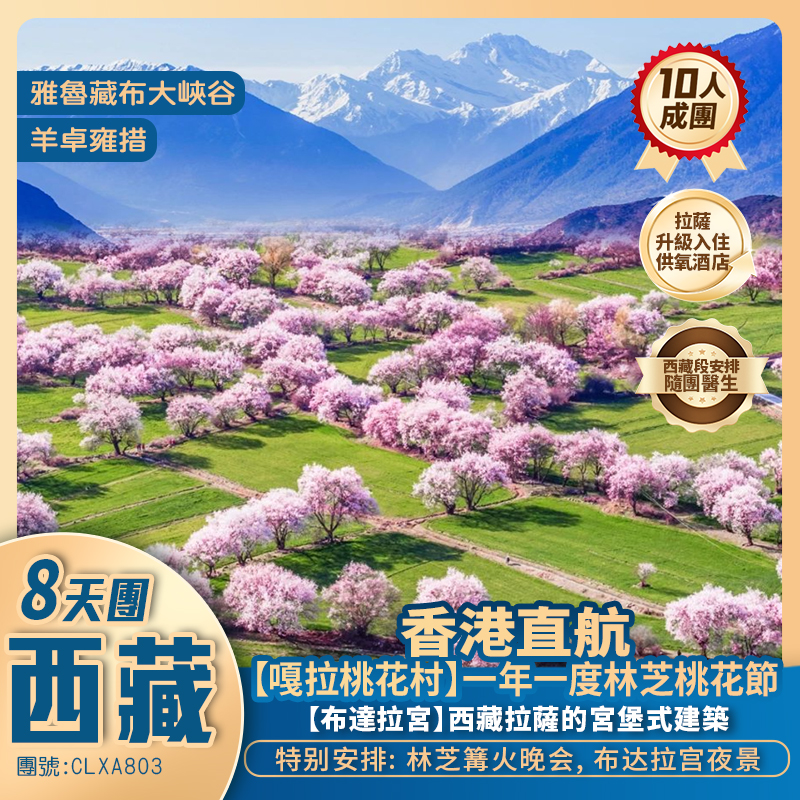 【神秘西藏】拉薩/布達拉宮/大昭寺廣場/八角街/藥王山/林芝桃花溝/巴松措/魯朗林海/苯日神山/雅魯藏布大峽谷/羊卓雍措 香港直航超值抵玩8天團