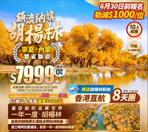 【金秋胡楊林】寧夏內蒙兩省聯遊 一年一度額濟納旗胡楊林/居延海/黑水城怪樹林/西夏王陵/沙坡頭/通湖草原 香港直航純玩8天團